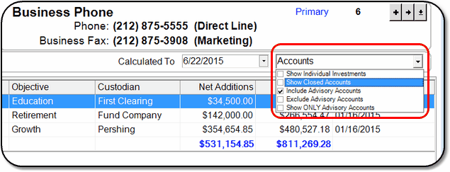 Check off the accounts you want to show