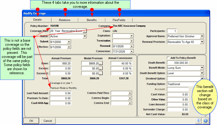 Coverage Screen Details Tab.  Not the base coverage.