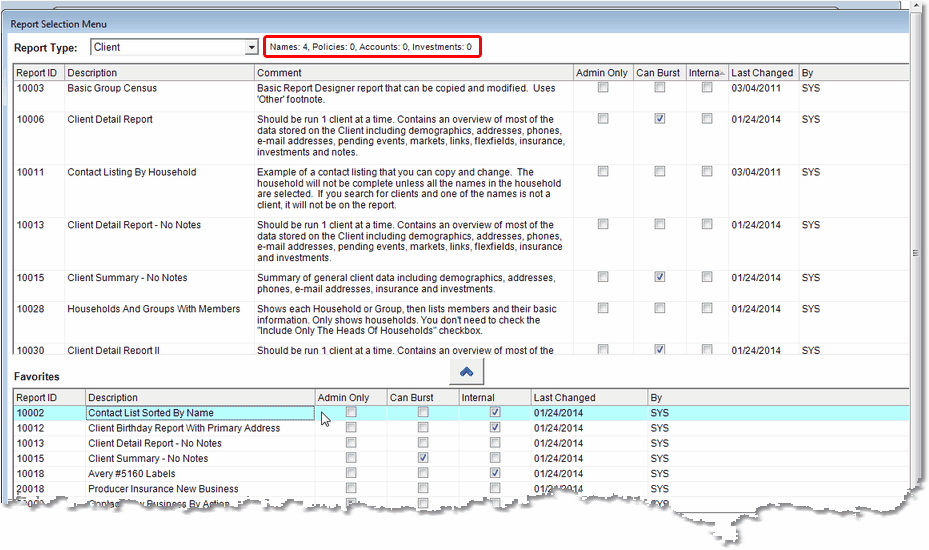 Screen 7: After the search, you get the same menu as with Selection Reports