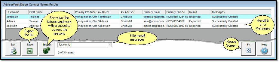 Results Screen showing all contacts exported successfully.