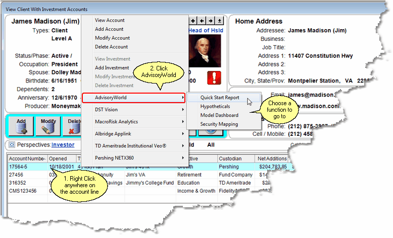 View Client With Accounts Right Click Menu