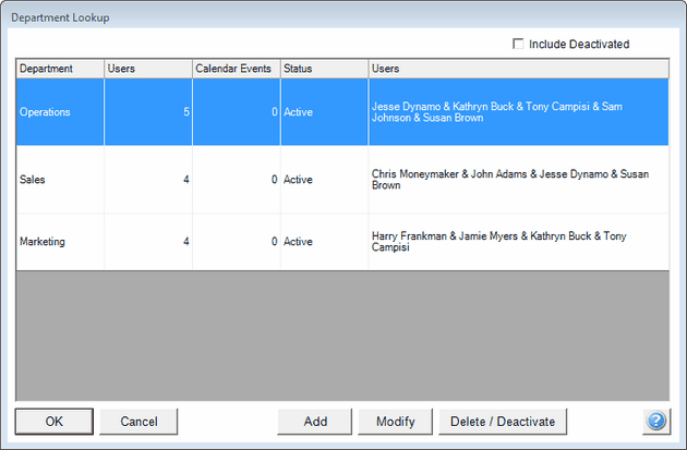 Choose a Department to Modify or Delete or Add a New Department