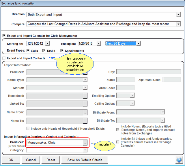 Exchange Synchronization Criteria Screen Exchange Synchronization Criteria Screen