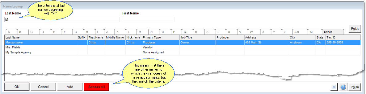 Red Button Indicates Names Exists with No Access Rights