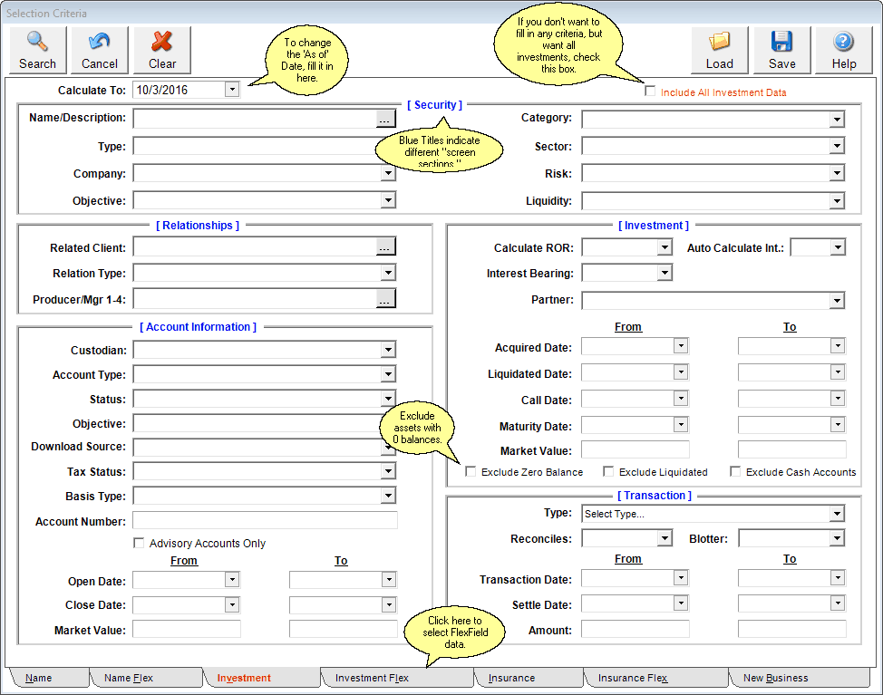 Selection Critera Investment Tab