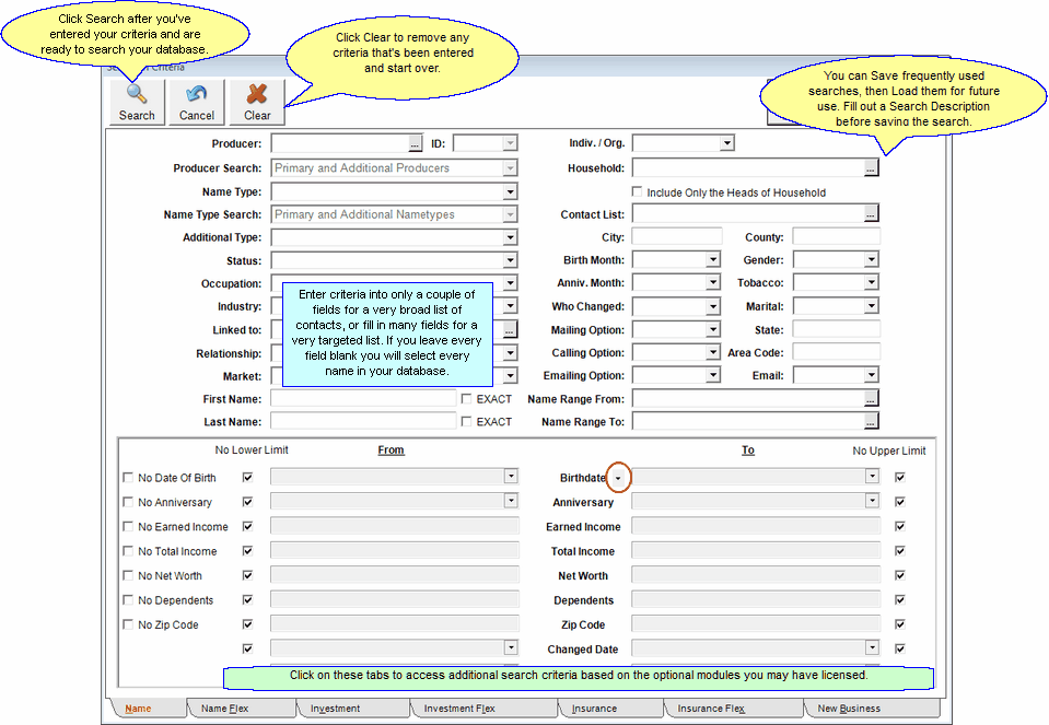 Selection criteria for contact demographics.  Use other tabs across bottom to add to the selection.