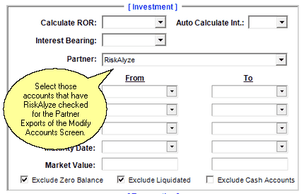 Selection Reports Screen, Investments Tab