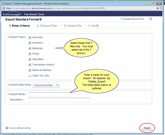 Export Filter Screen