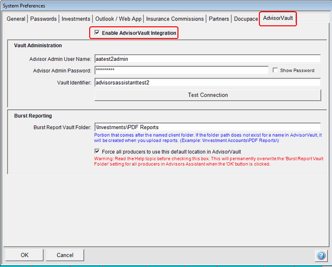 System Preferences For AdvisorVault