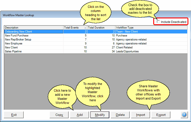 Screen 2: Your list of current Workflow Masters